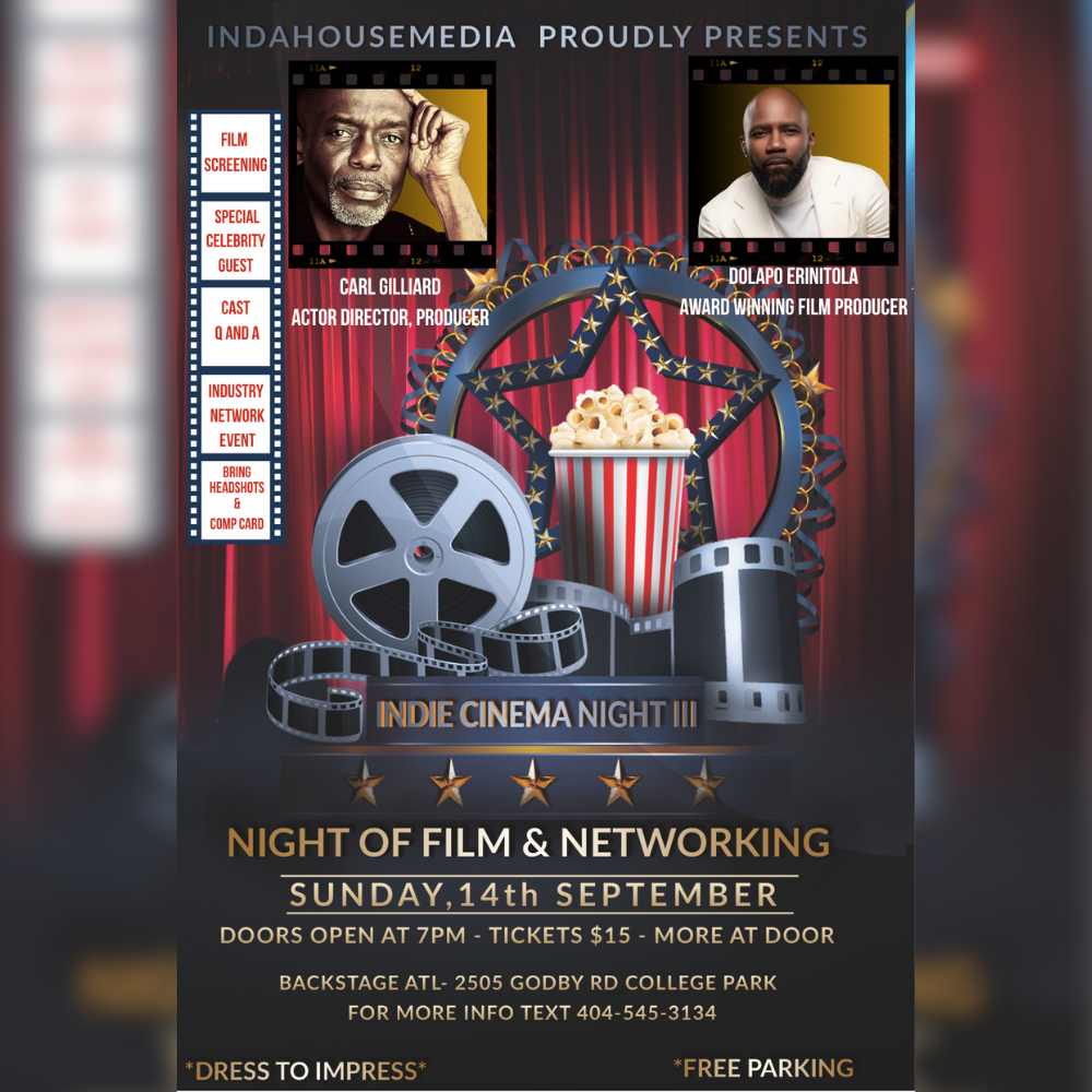 Film screening and networking event poster with guest speakers and popcorn.